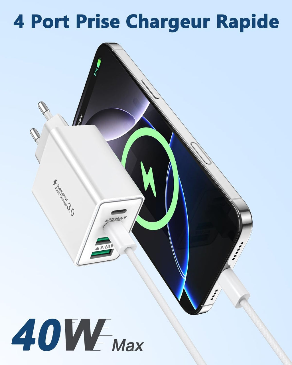 Chargeur USB C, 40W 4 Port Prise Chargeur Iphone Rapide Multiple Prise USBC Avec 2M Cable USB C Pour Iphone 17 16 15 Pro Max plus Ipad, Samsung,Adaptateur Secteur Type C Avec Cable C Vers C