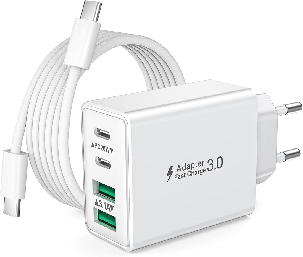 Chargeur USB C, 40W 4 Port Prise Chargeur Iphone Rapide Multiple Prise USBC Avec 2M Cable USB C Pour Iphone 17 16 15 Pro Max plus Ipad, Samsung,Adaptateur Secteur Type C Avec Cable C Vers C