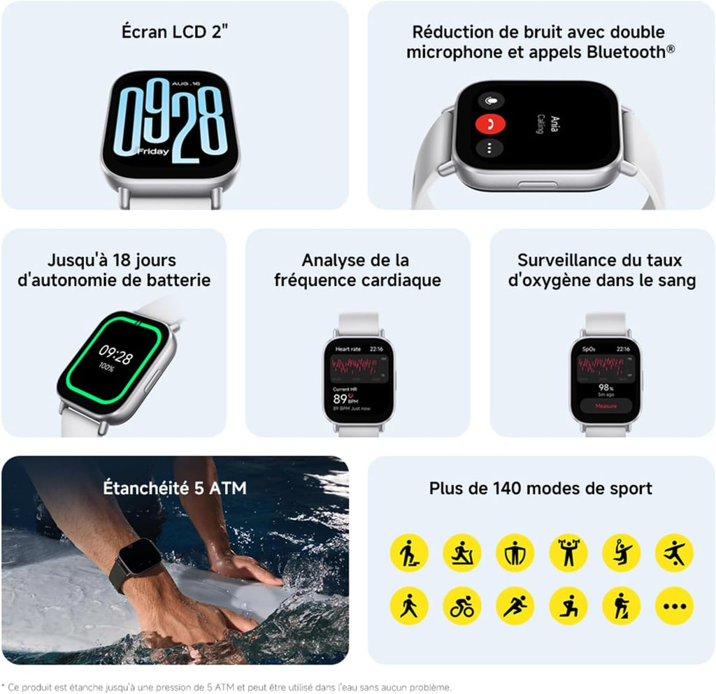 Redmi Watch 5 Active – Montre Connectée Fitness, Écran LCD 2", 18J Autonomie, Appels Bluetooth, 140+ Modes Sport, Suivi Du Sommeil, 5ATM, GPS, Android & Ios, Noir