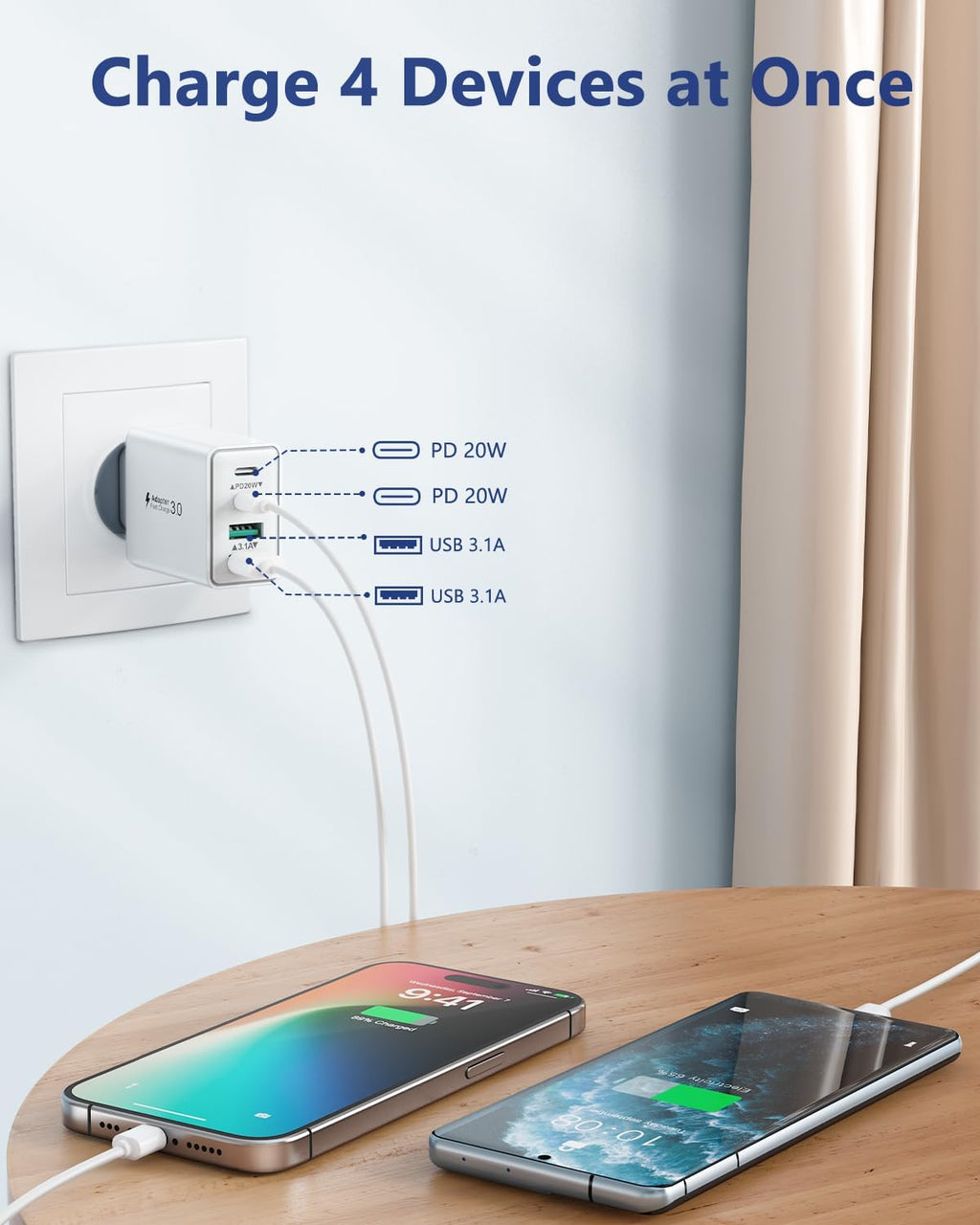 Chargeur USB C, 40W 4 Port Prise Chargeur Iphone Rapide Multiple Prise USBC Avec 2M Cable USB C Pour Iphone 17 16 15 Pro Max plus Ipad, Samsung,Adaptateur Secteur Type C Avec Cable C Vers C