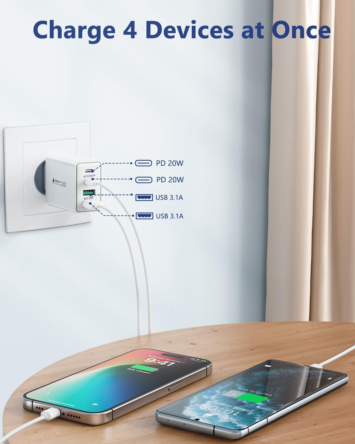 Chargeur USB C, 40W 4 Port Prise Chargeur Iphone Rapide Multiple Prise USBC Avec 2M Cable USB C Pour Iphone 17 16 15 Pro Max plus Ipad, Samsung,Adaptateur Secteur Type C Avec Cable C Vers C