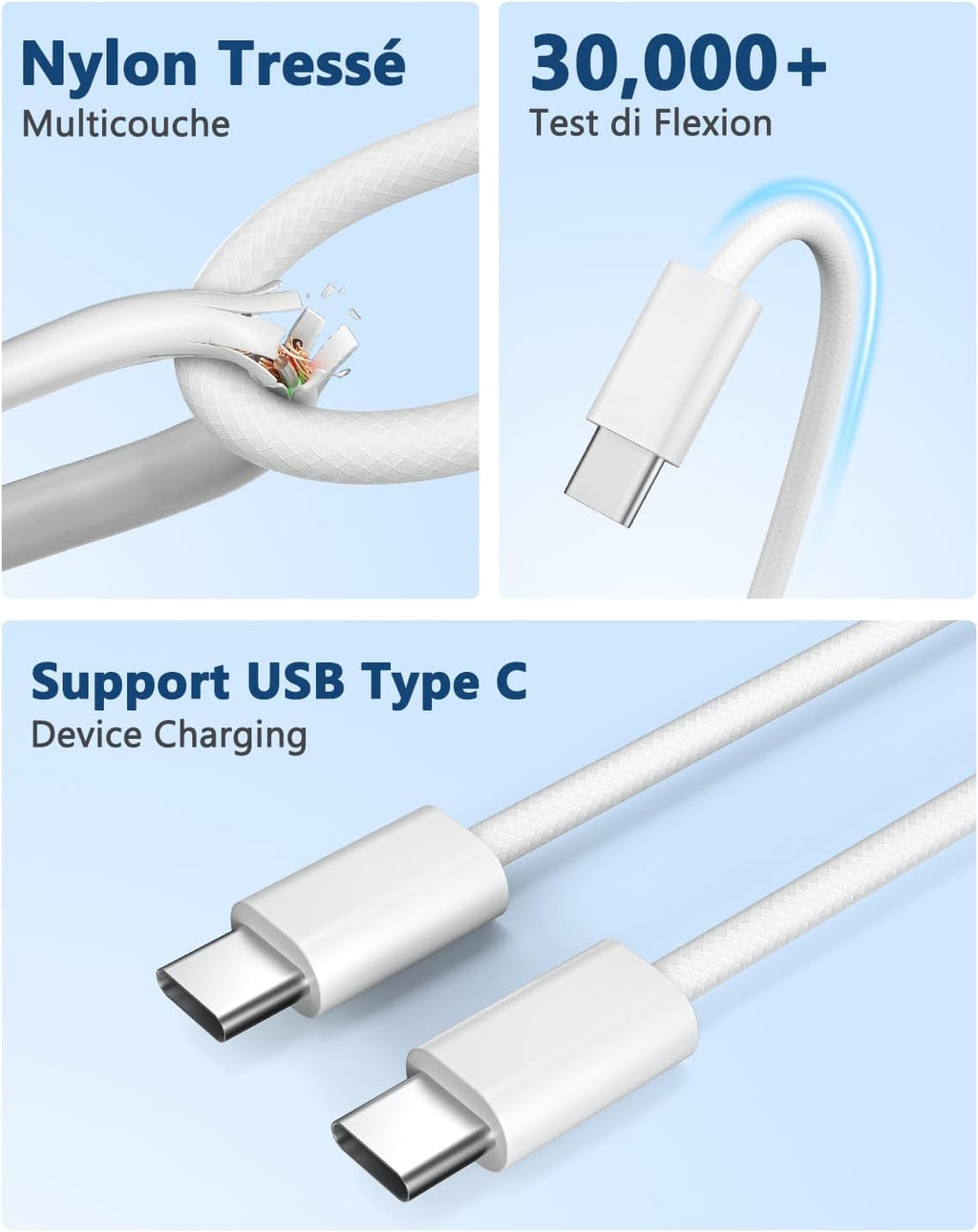 Chargeur USB C, 40W 4 Port Prise Chargeur Iphone Rapide Multiple Prise USBC Avec 2M Cable USB C Pour Iphone 17 16 15 Pro Max plus Ipad, Samsung,Adaptateur Secteur Type C Avec Cable C Vers C